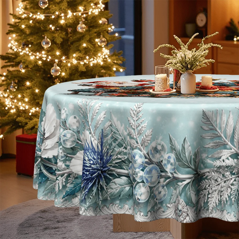 1 round tablecloth, Christmas themed, depicting Santa Claus, penguins and elves in the gifts - full of fun