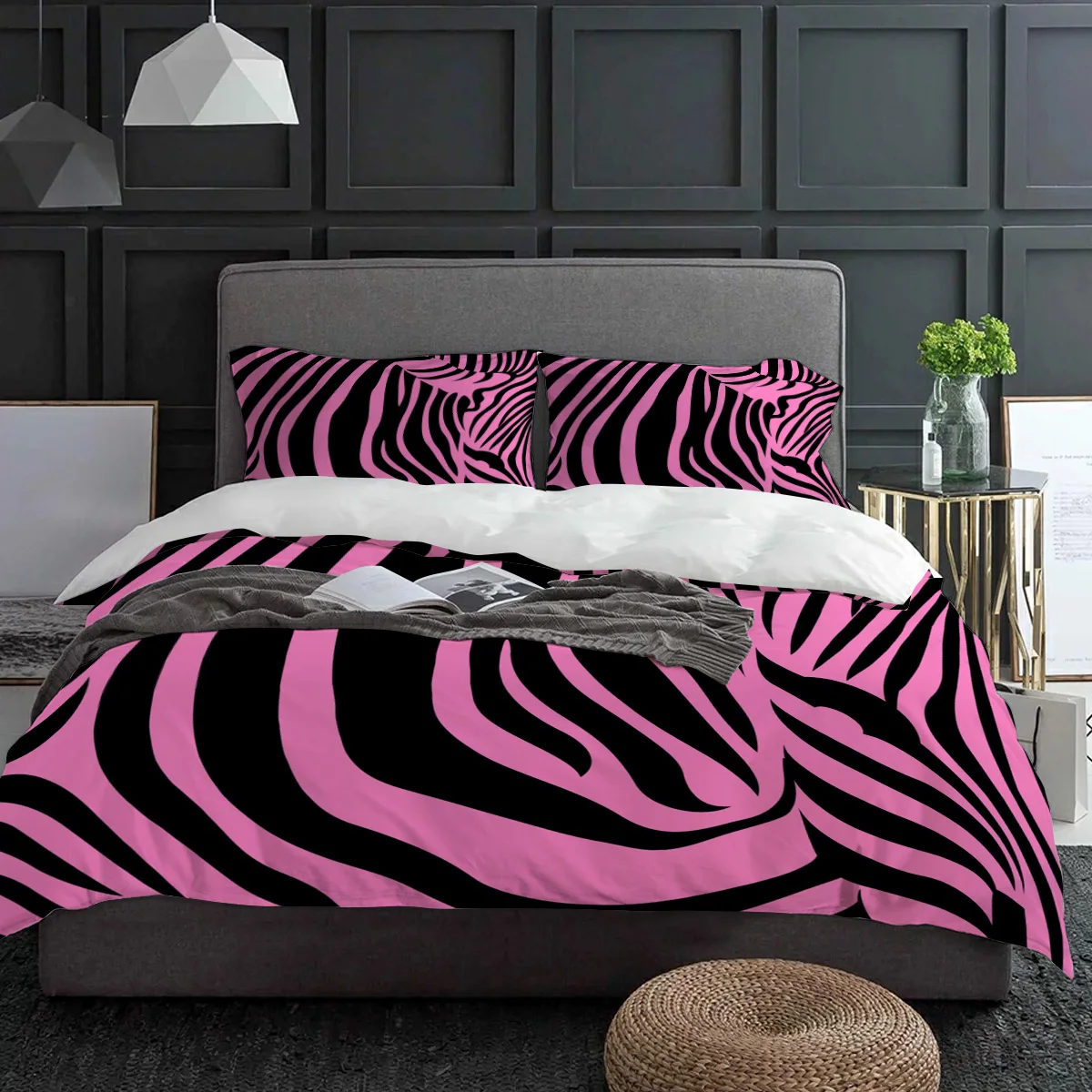 Zebra Stripes Black Pink Bedding Set 3pcs Boys Girls Duvet Cover Pillowcase Kids Adult Quilt Cover Double Bed Set Home Textile