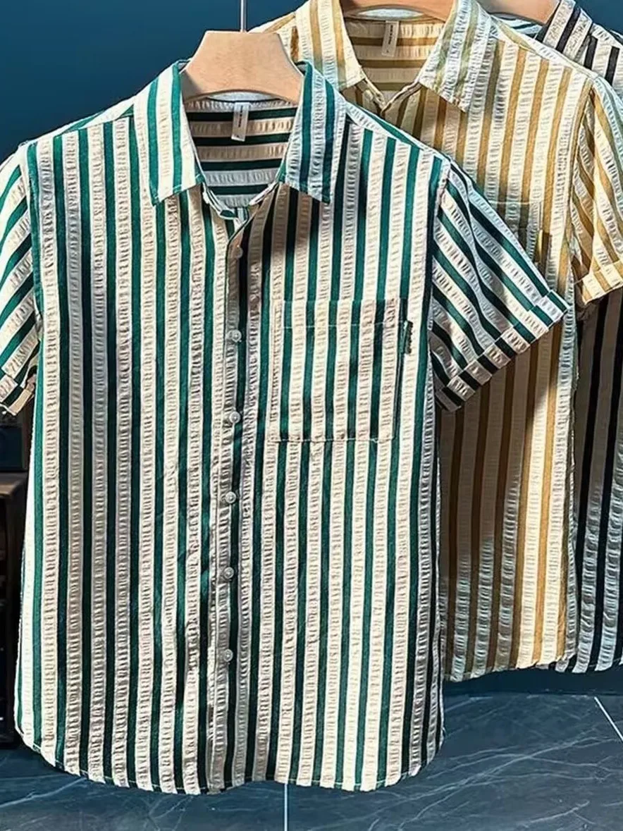 

Мужской Slim Fit ort Sve Striped irt Casual Thin Busin Summer irt Ice Silk Youth Faionable Regular Fit на пуговицах