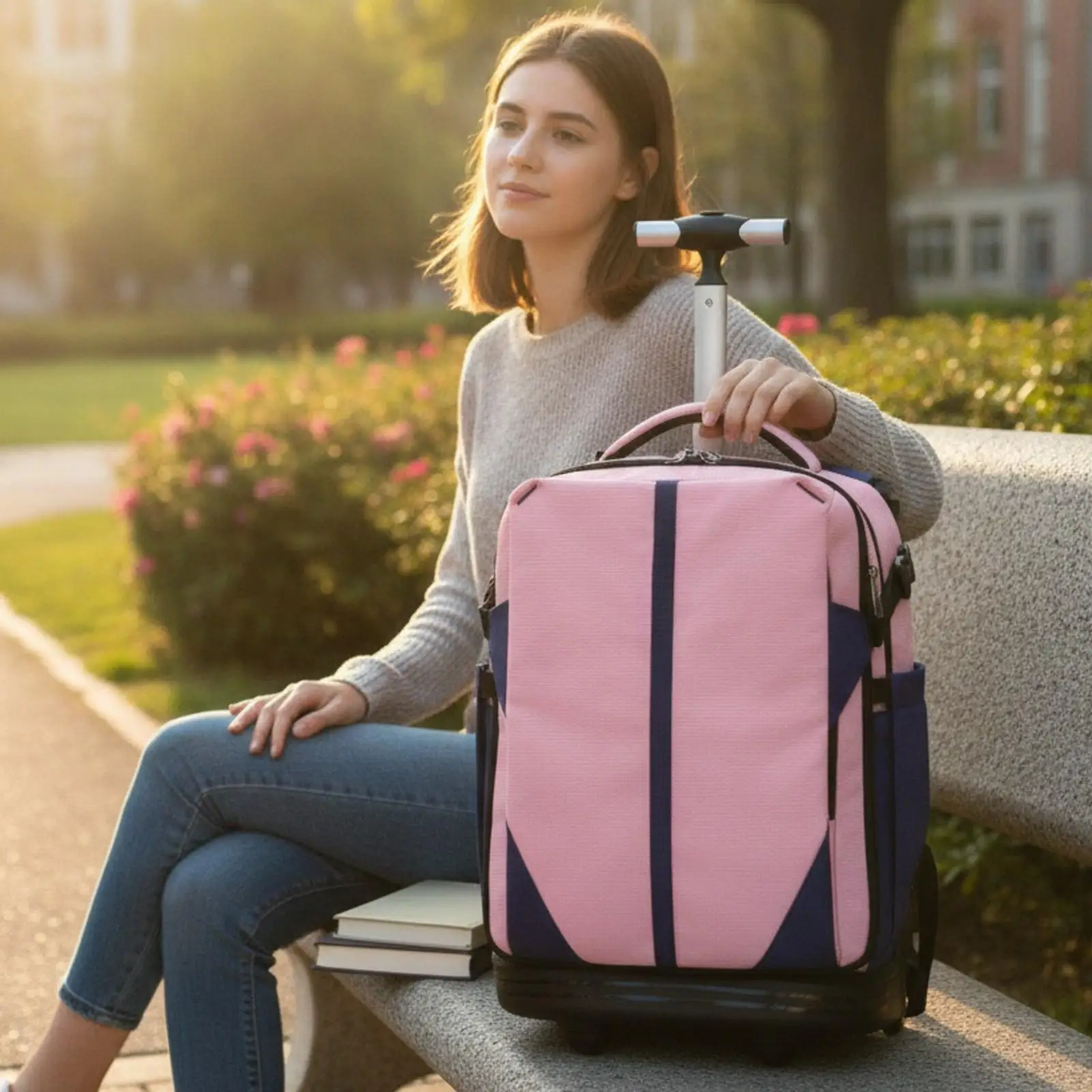 Wheeled Student Trolley Luggage Backpack with Side Pockets and Compression Straps Oxford Cloth Cute Rolling Travel Bag for