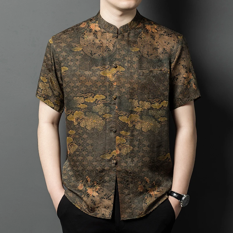 National Style Frog Shirts For Men Silk Premium Tang Costume Summer Lightweight Gambiered Canton Gauze Quality Camisas De Hombre