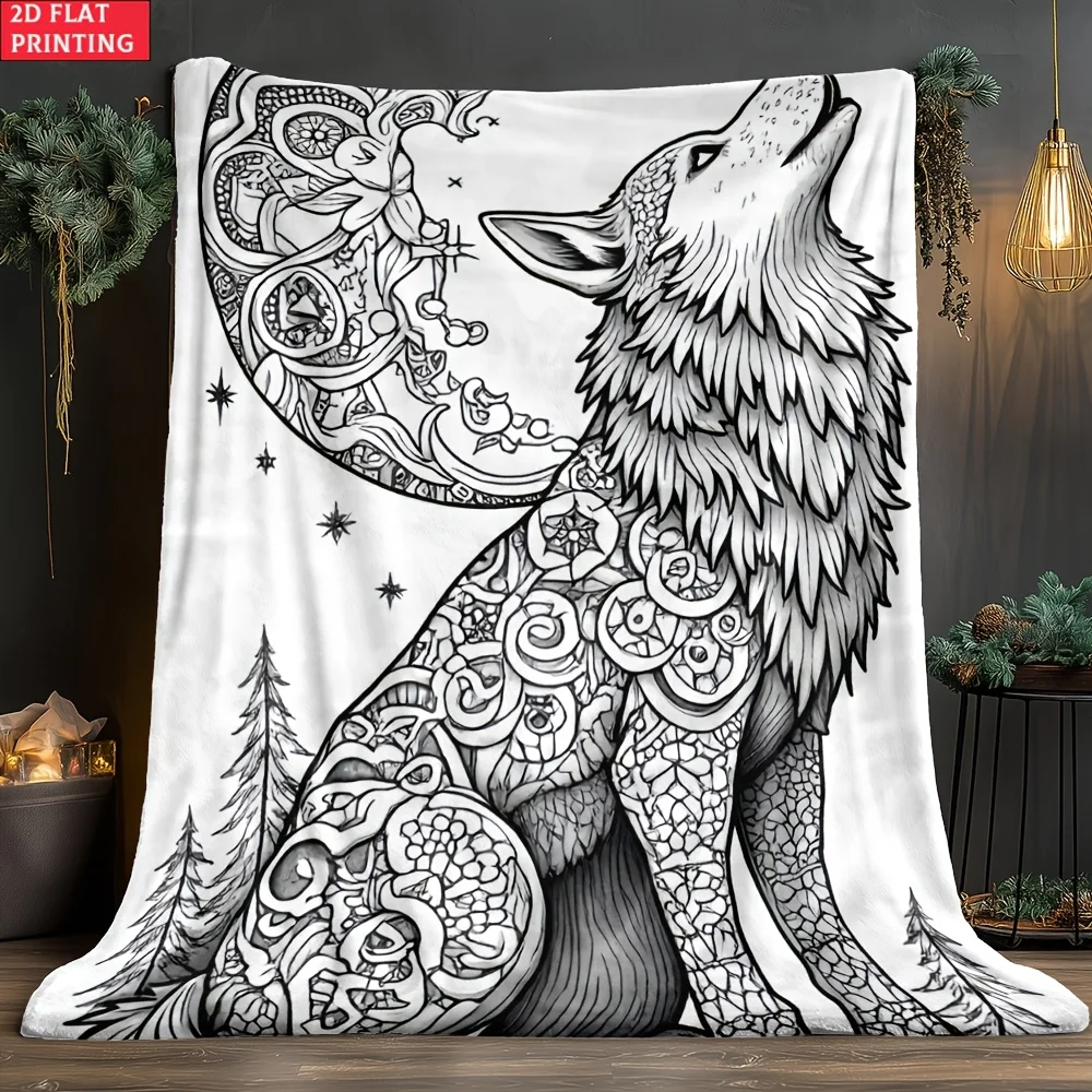 A Stylish Howling Wolf Line Art Coloring Portable Blanket, Perfect for Gifting to Boyfriends or Girlfriends. This Soft, Warm, Di