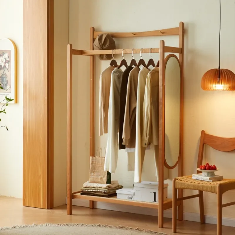 Coat rack floor-to-ceiling bedroom Nordic cherry wood living room mirror integrated household entrance solid wood hanger