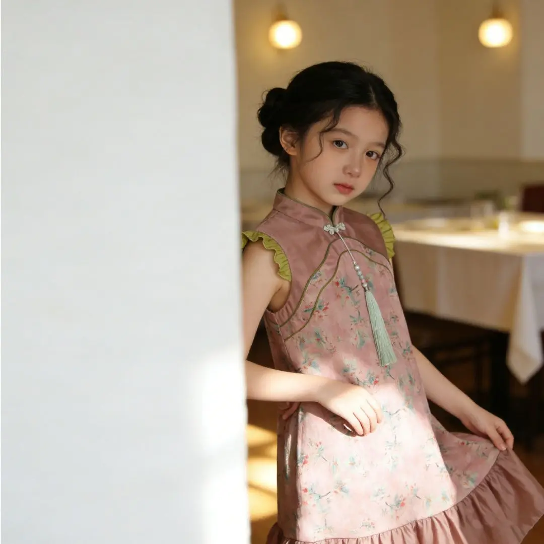Girls' New Chinese Cheongsam Skirt Summer New Ethnic Style Vest Skirt Western Style National Style Dress