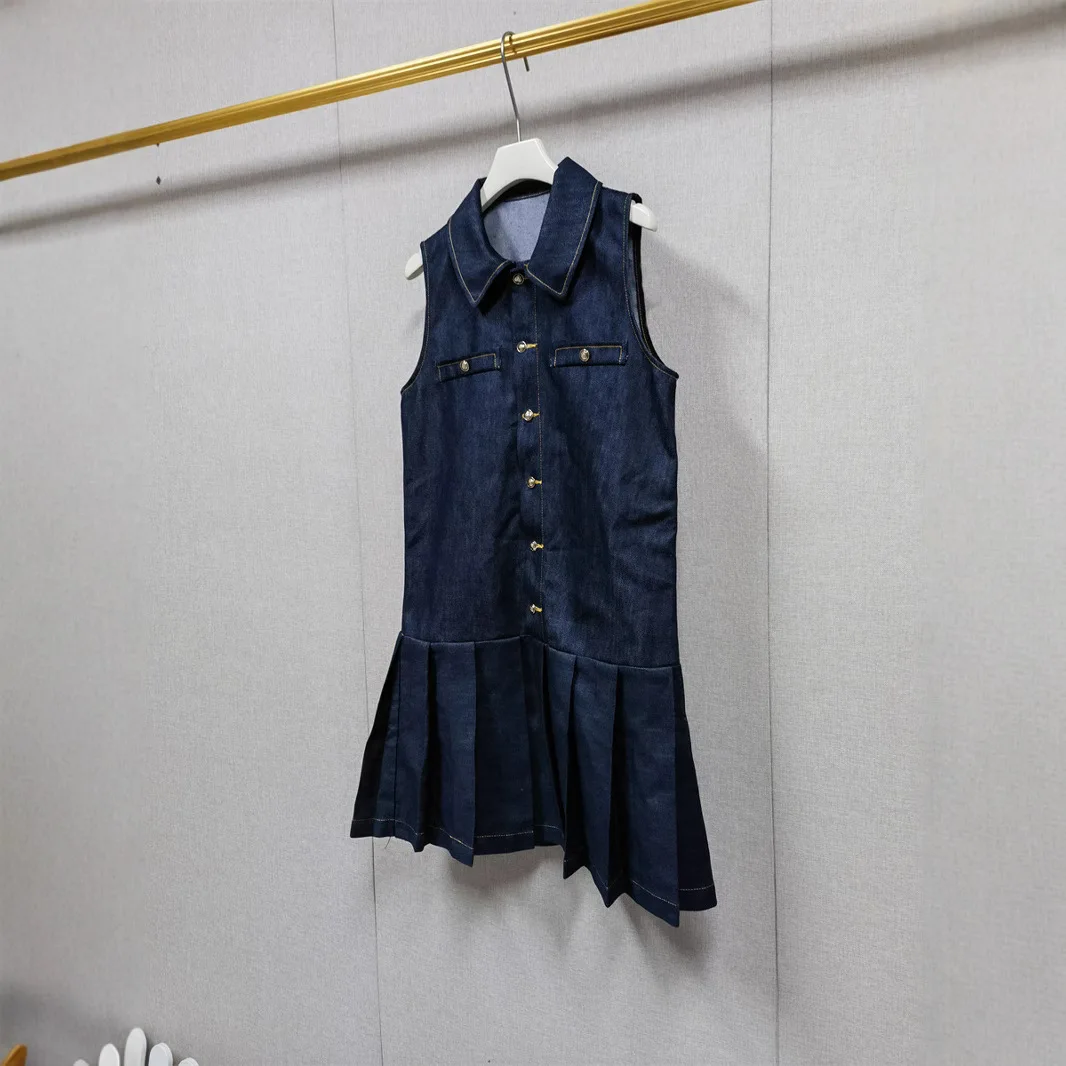

Dresses for Women Sleeveless Pleated Denim Dress Retro College Style Lapel 2025 Early Autumn New Style 2025 Luxury Designer