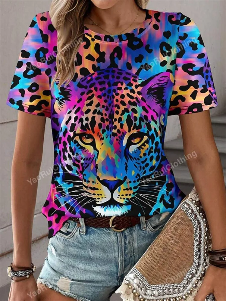 Women's T-shirt O-neck Glitter Leopard Print Short Sleeve Modern Chic Daily Streetwear Summer Women Clothing
