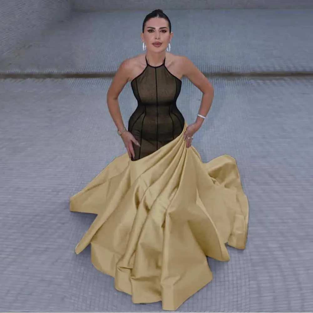 

Stunning Halter Sleeveless Long Mermaid Evening Dresses with Pleated 2026 Popular Corset Back Golden Prom Dress Custom Prom Gown