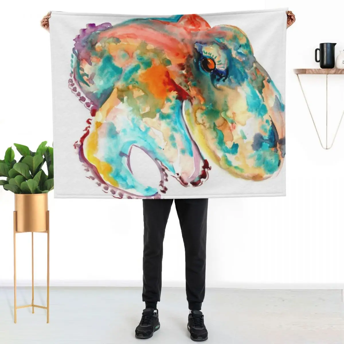 

Orange Turquoise Octopus Throw Blanket Multi Use Warm Blanket for Living Room Bedroom