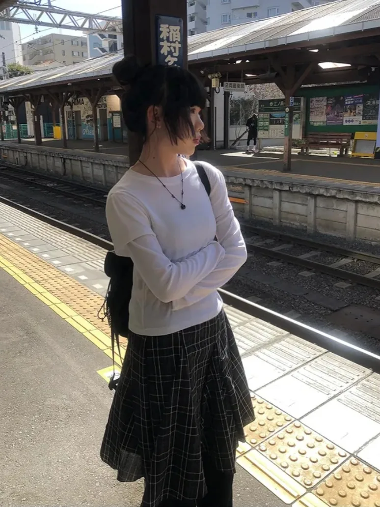 falda a Cuadros de Cintura Alta Estilo Vintage con Dobladillo Irregular para Mujeres Jóvenes, Estilo Casual para Primaver...