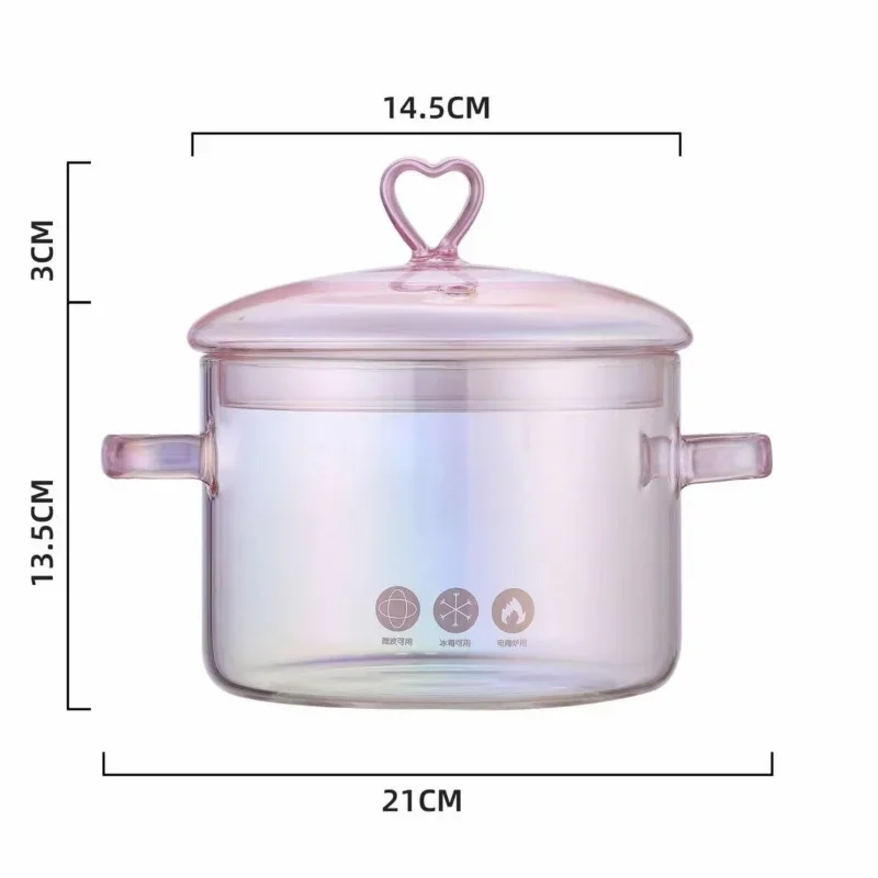 Pink Glass Pan 1.5L High Borosilicate Stew Pot with Two Handles Transparent Soup Pot Love Design Romantic Cookware