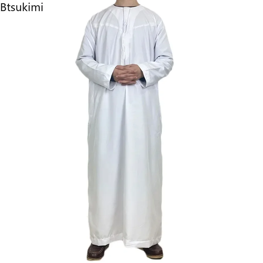 Middle East Arab Kaftan Men Muslim Clothing Solid Long-sleeved Round Neck Robes Causal Loose Men Jubba Thobe National Costumes