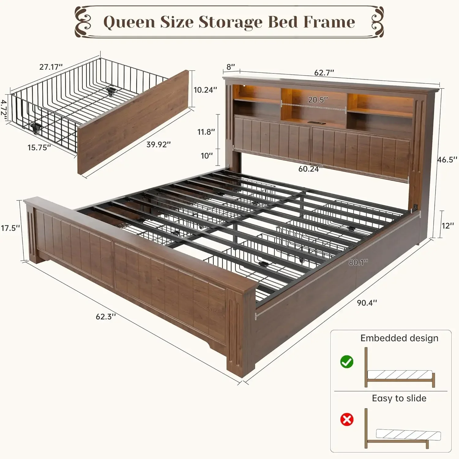 Queen Bed Frame with 4 Storage Drawers LED Queen Bed Frame with Headboard Bed Frame Queen Size Built in Charging Station