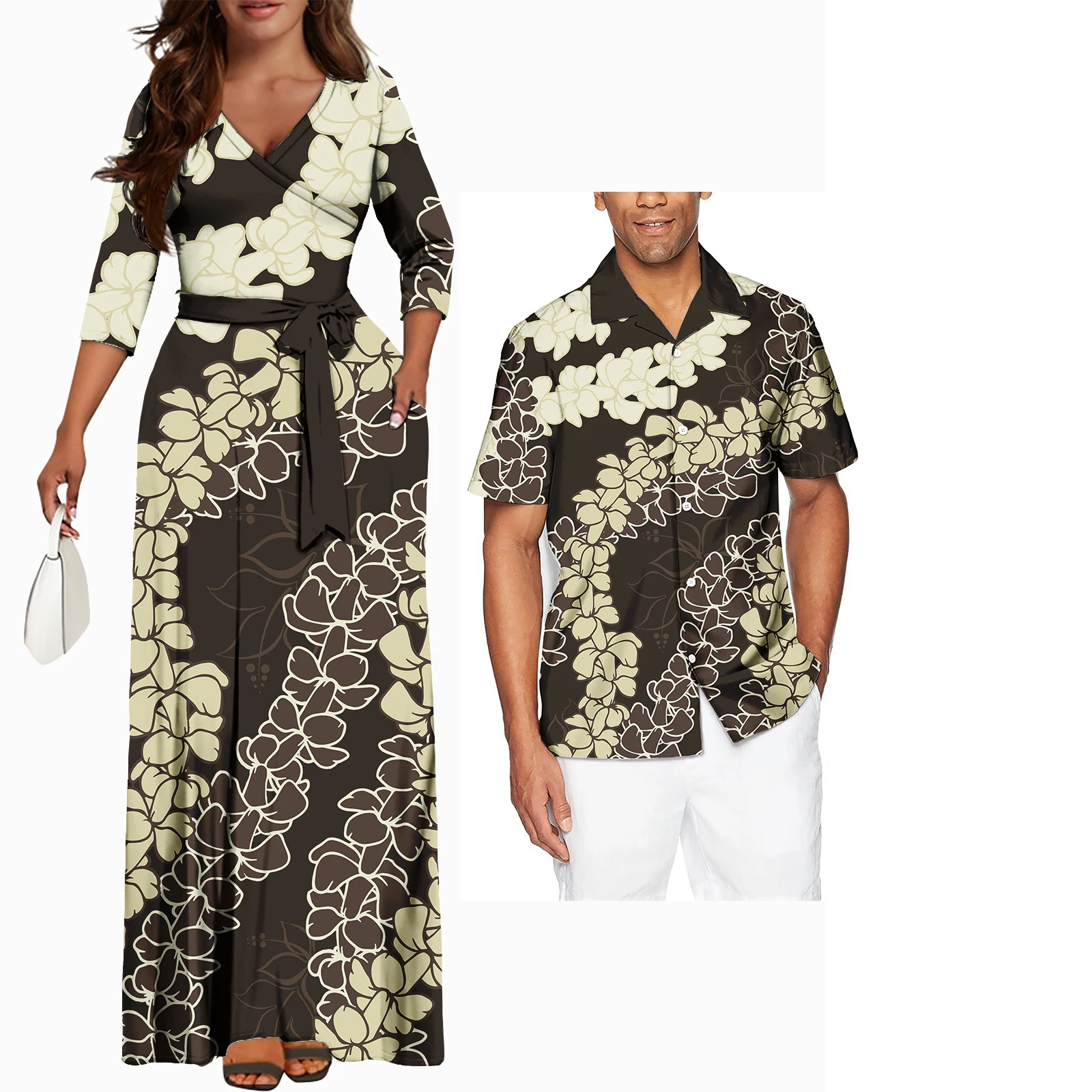 

2-piece couple suit women's short-sleeved shirt style dress men's shirt plus size printing Hawaiian Polynesian tribe puletasi