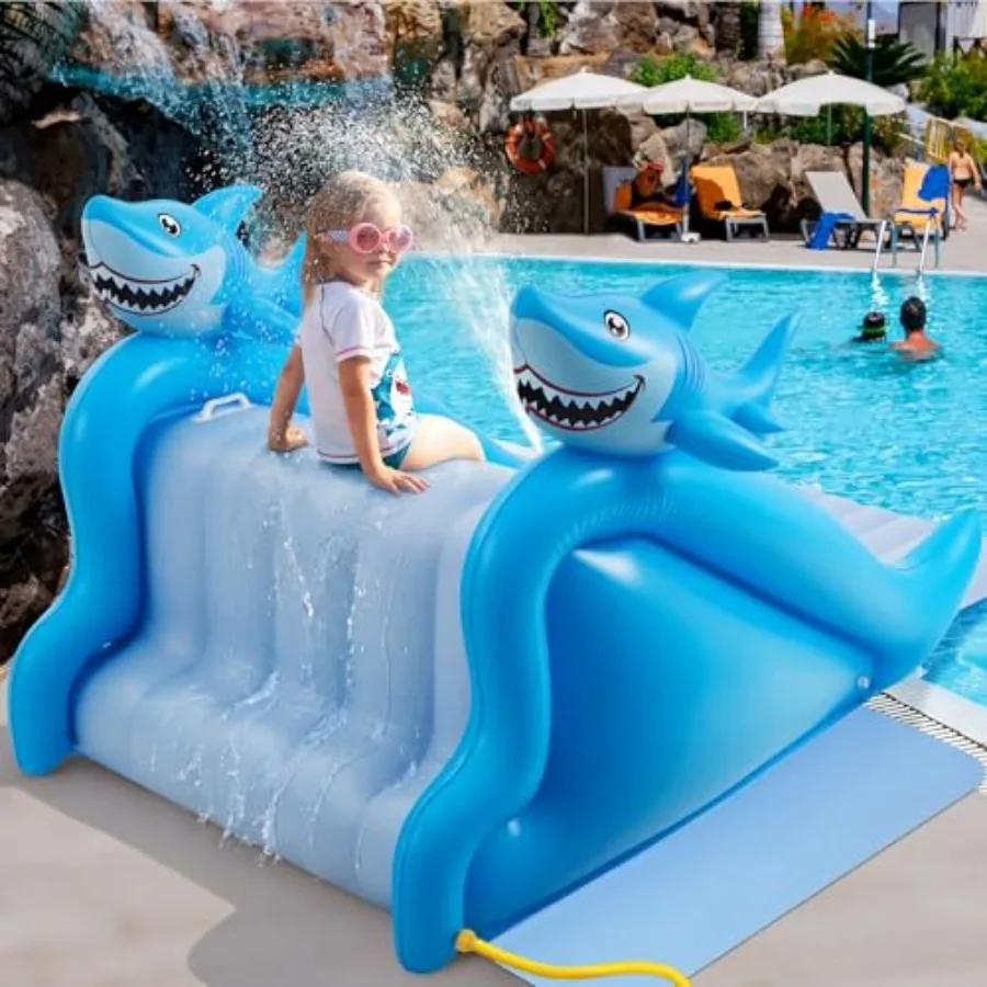 98 Inch Giant Inflatable Shark Pool Slide for Outdoor Summer Parties, PVC Material, Blue and White, Extra Large with Heavy-Duty