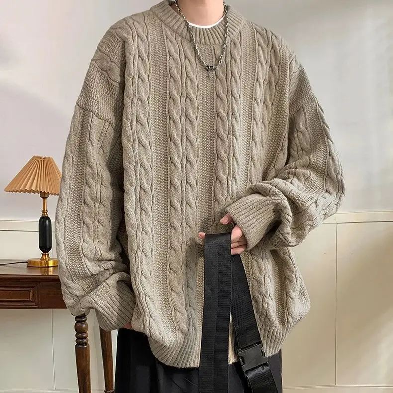 Solid Colour Ribbed Twist Pattern Round Neck Pullover Sweater Men Women Autumn Winter Couple Loose Knitted Woolen Top Warm Soft