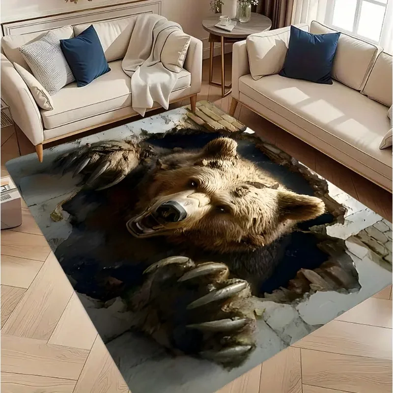 سجادة منطقة بنمط الدب البني ثلاثية الأبعاد بتصميم حيوان واقعي، مثالية لديكور غرفة المعيشة وغرفة النوم