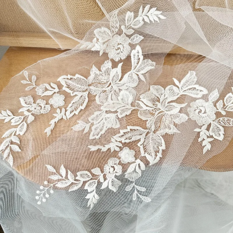Custom Fresh White Cotton Beaded Lace Pair Net Embroidery Lace Flower Veil 1 Pair