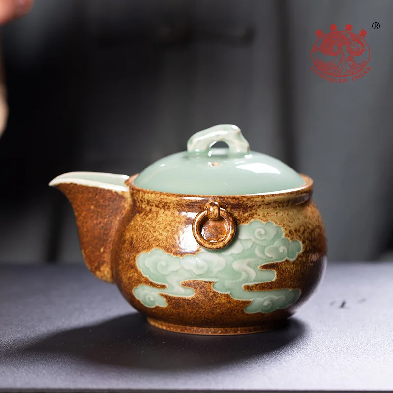 

Longquan celadon kung fu tea set, tea making pot, retro wood fired, glazed, hand grabbed pot, ceramic household filter cover bow