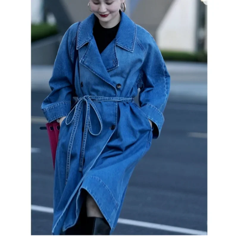 

Women Long Windbreaker Denim Trench Coats Autumn Lapel Retro Cotton Clothing Enzyme Wash Loose Lace-Up High Waist Dress Female