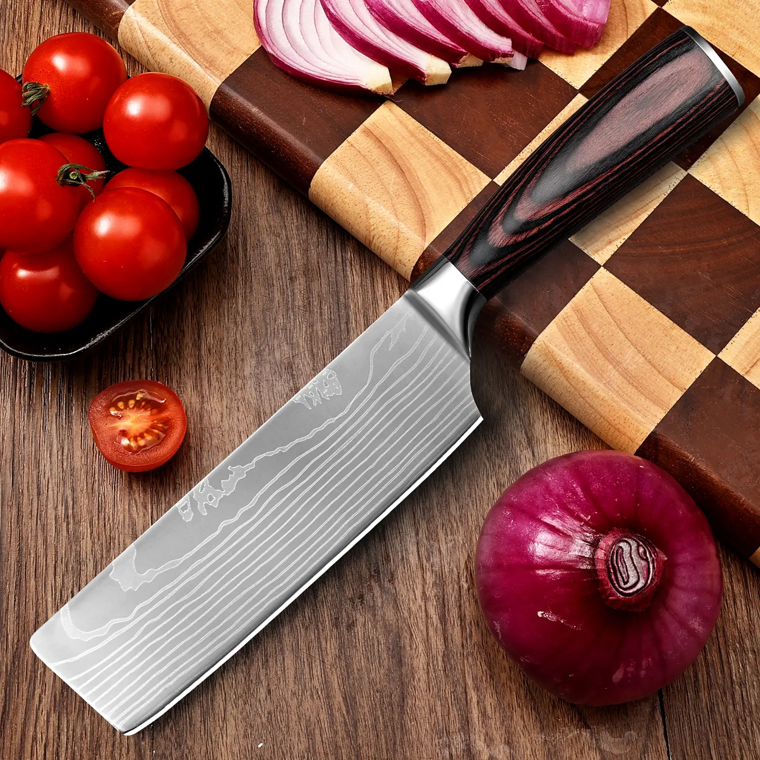 PLYS Kitchen knife Japanese Chef Knife Laser Damascus Pattern Knife Cut Meat butcher knife Utility Slicing Santoku Knife