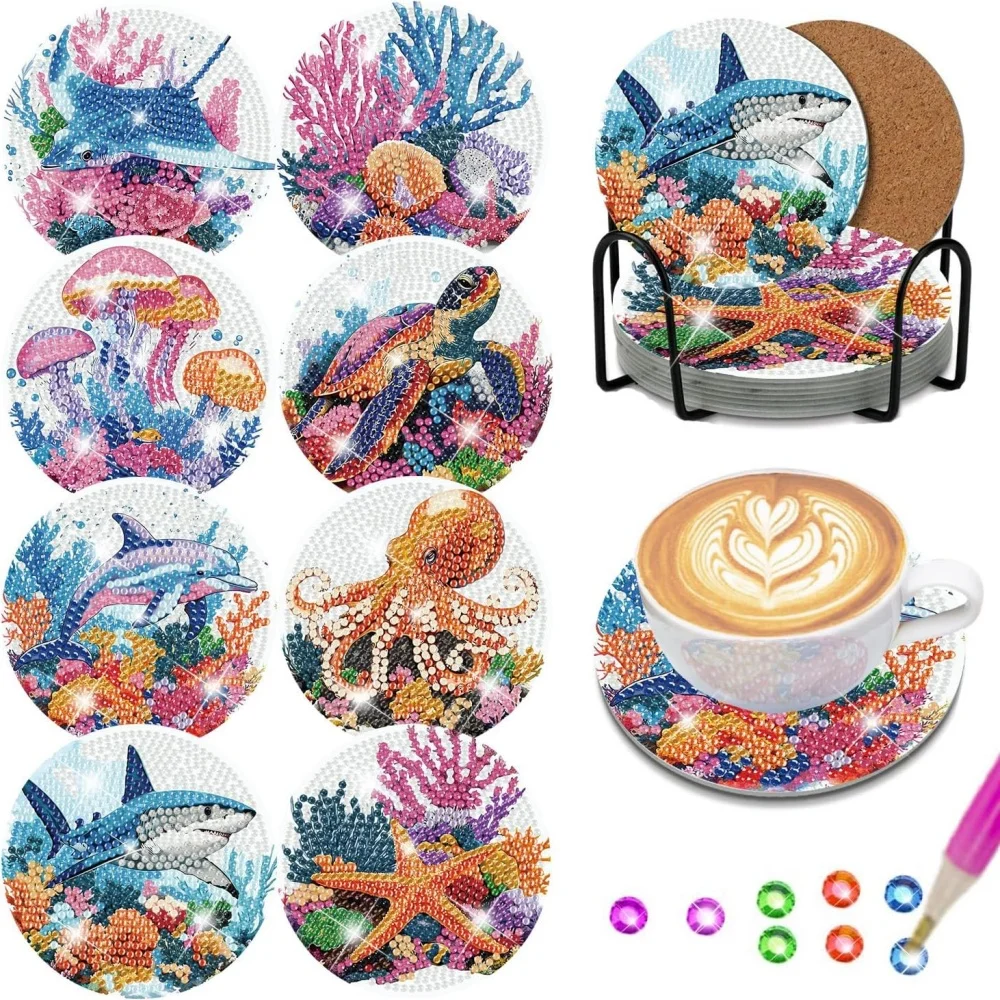 8 Diamond Drawing Pads with Brackets, DIY Colorful Marine Animal Diamond Drawing Pads, Suitable for Adults and Beginners