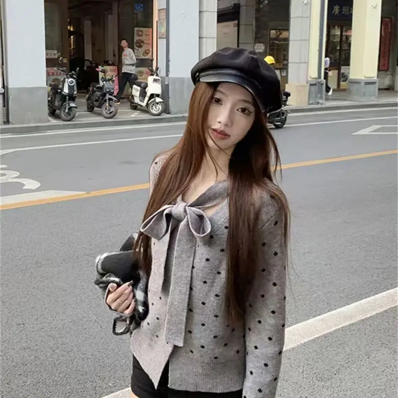 

Korejpaa Grey Polka Dot Bow Tie Cardigans Sweater Korean Style Gentle Slimming Jacket Knitted Top 2025 Autumn Sueters De Mujer