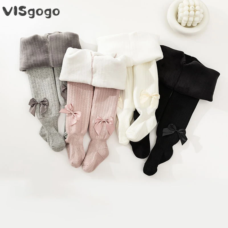 VISgogo Toddler Girls Fleece Lined Tights Cute Satin Bow Pantyhose Stockings Winter Warm Leggings for 1-8Years Girls