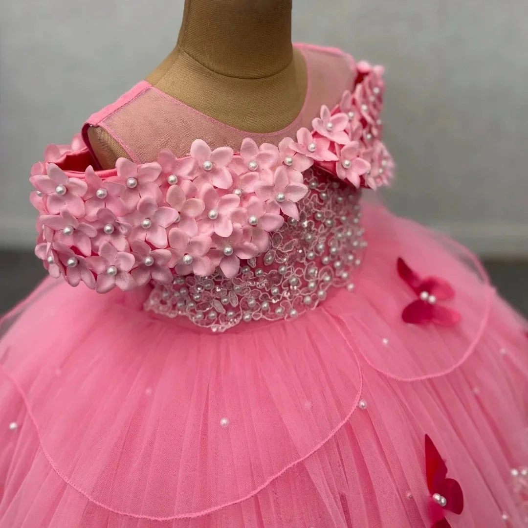 

Princess Flower Girl Dress For Wedding with Bow Tulle Applique Floor Lenght Kids Birthday Party First Holy Communion Gown Custom