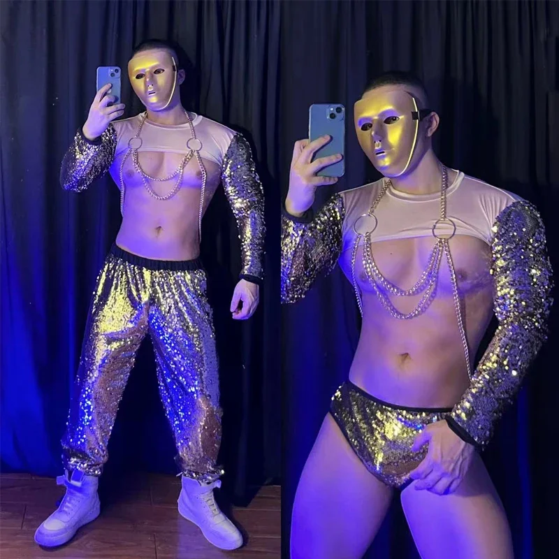 Nightclub Gogo Dancer Costume Sexy Muscular Man Gold Sequin Suit Rave Outfit Male Pole Dance Clothing Stage Clubwear XS3142