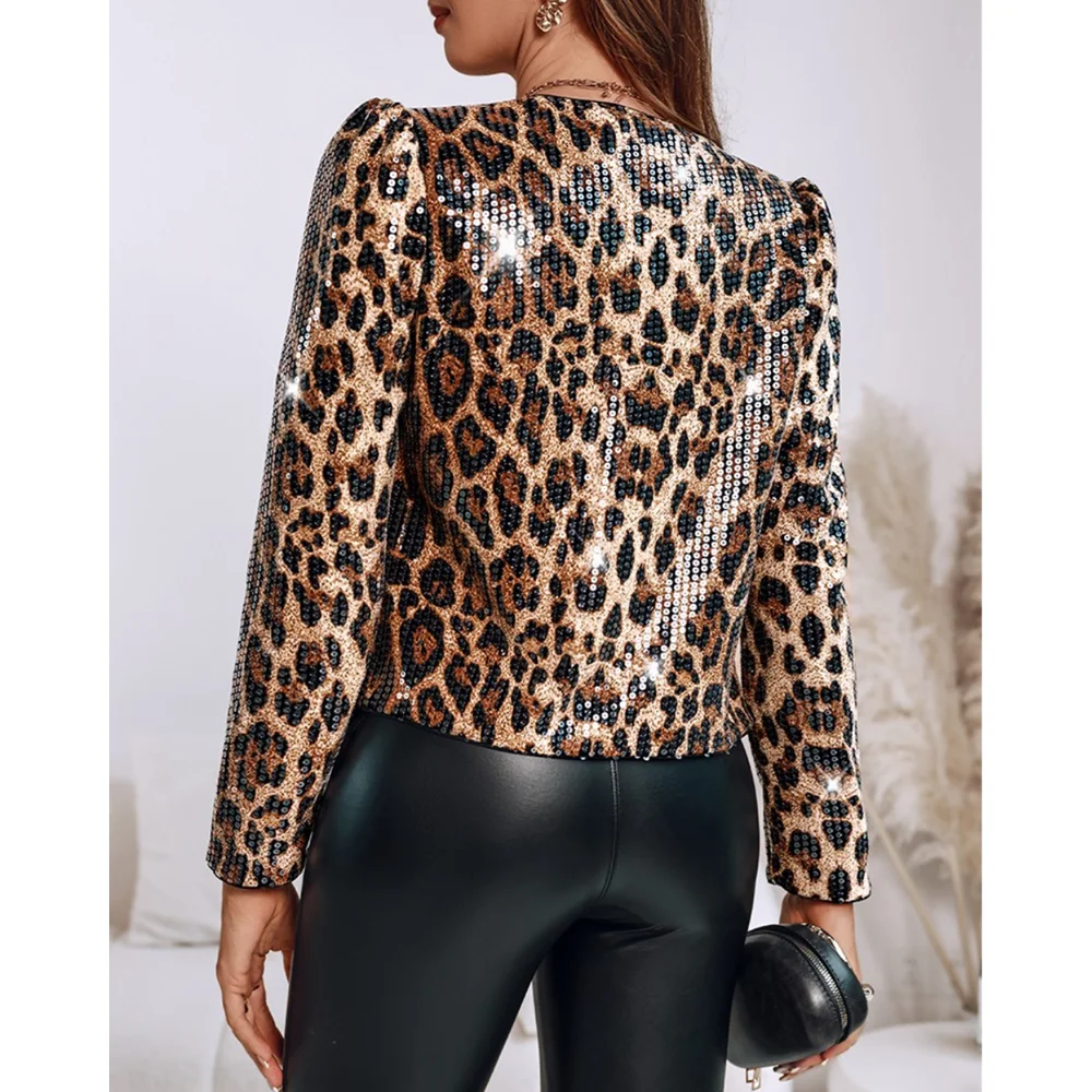 2025 Women Fashion Allover Sequin Leopard Print Puff Sleeve Open Front Slim Fit Jacket Casual Crop Coat