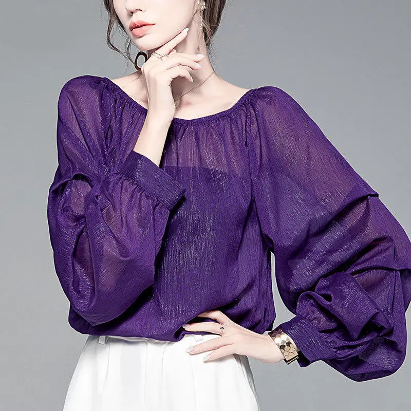 Elegant Fashion Puff Sleeve Bright Silk Chiffon Blouse Women Clothing 2022 Spring New Sexy Slash Neck Loose Casual Shirt Female