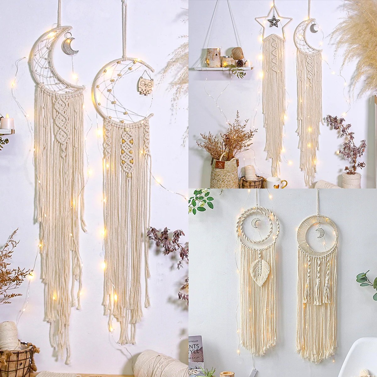 Macrame Dream Catcher with Lights Boho Home Decor Moon Ramadan Decoration Macrame Wall Hanging Baby Nordic Room Decoration