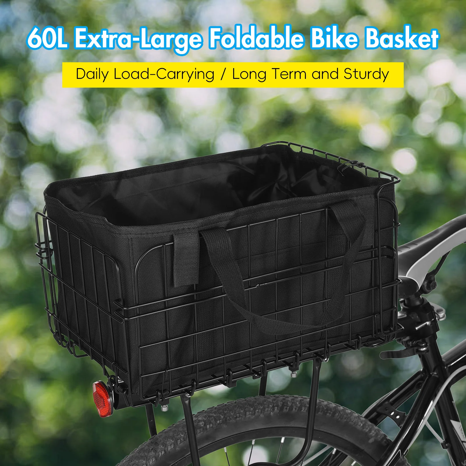

Folding Rear Bike Basket 60L with Removable Liner Bag Rain Cover Net Bag Quick Release Metal for Carrying Dogs Pets Fruit Grocer