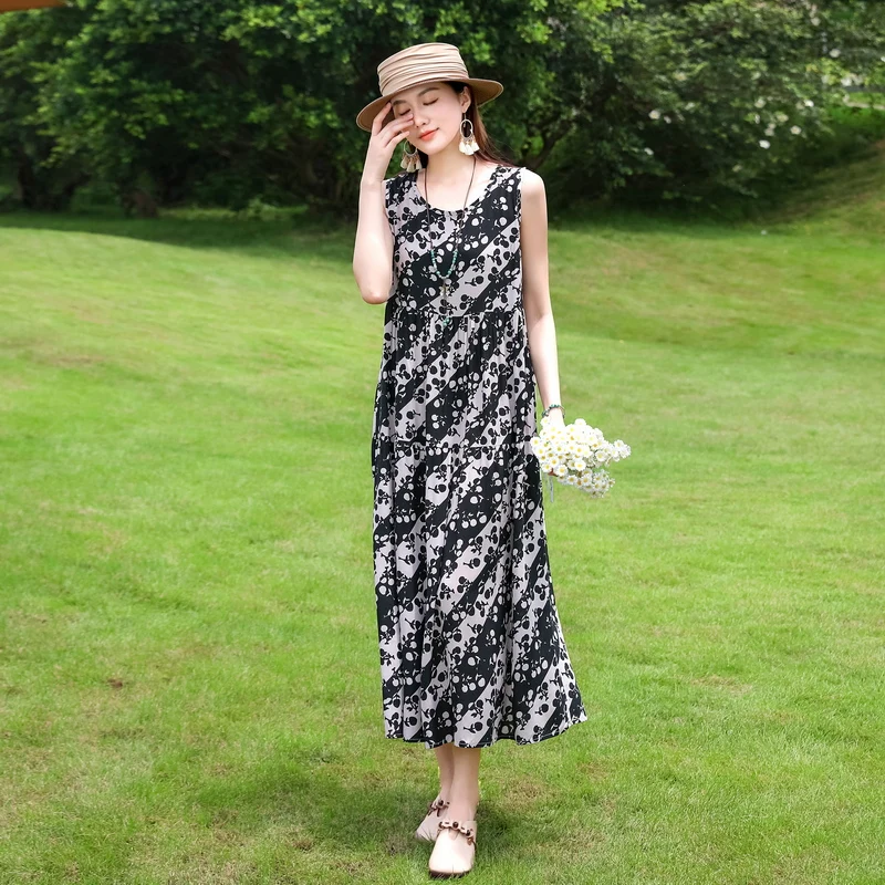 Women Plus Size Boho Dress Long Maxi Sundress Party Dress Elegant Vestidos Print O-neck High Waist Sleeveless