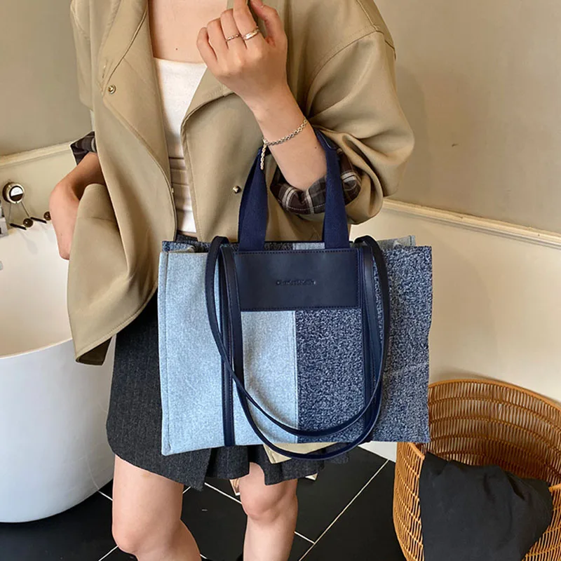 

Fashion Patchwork Canvas Tote Bag For Women Casual Contrast Color Large Capacity Commute Shoulder Bags Korean Simple Handbags
