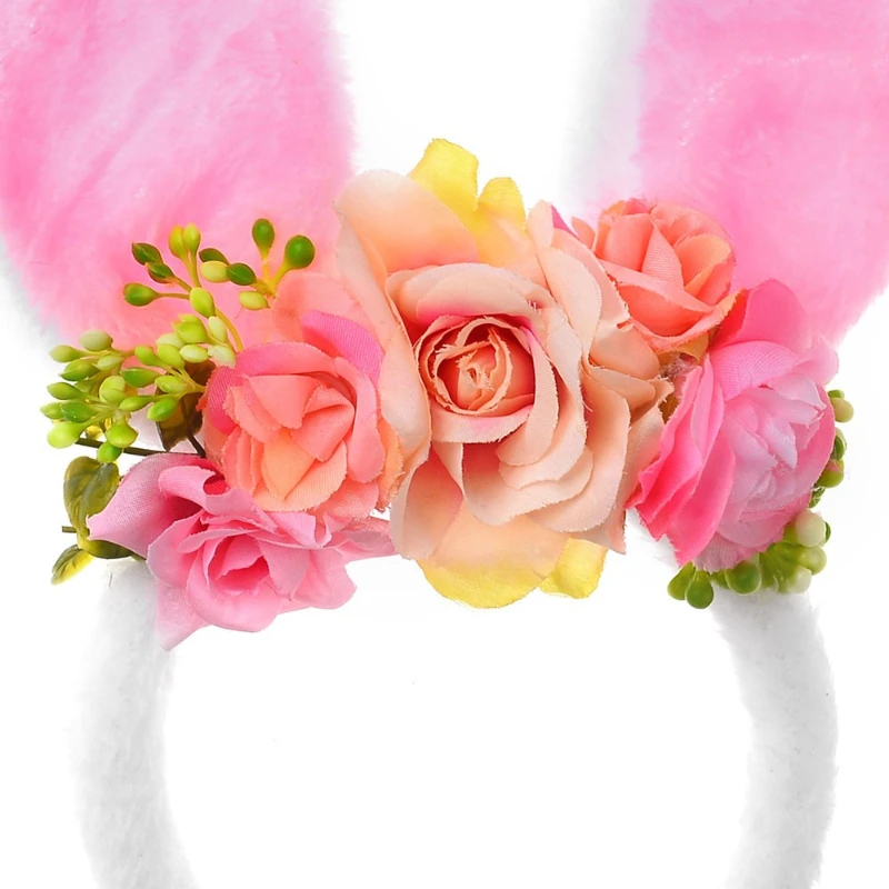 PE Foam Floral Bunny Ear Headband Artificial Blossom Decor Long Flap Rabbit Headwear for Easter Garden Spring Festival PartyProp