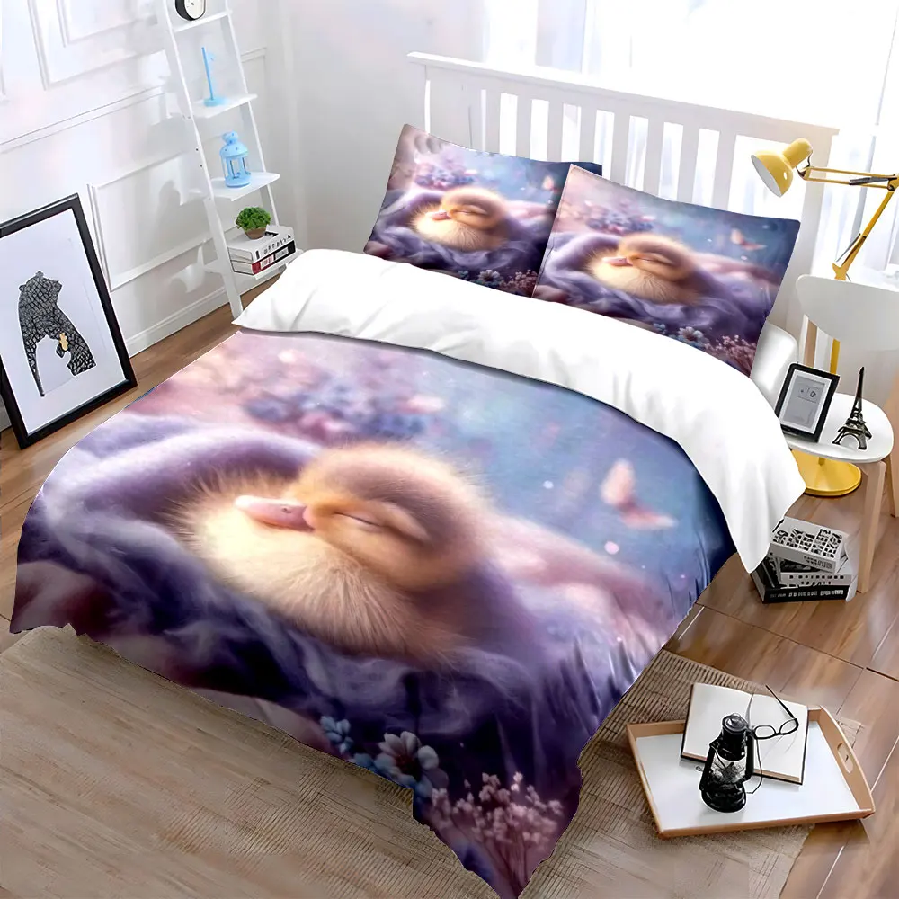 Sleeping Fluffy Duckling Print Bedding Set 1 Duvet Cover 2 Pillowcases for Adult and Children Luxury Gift Full Size