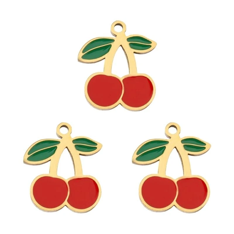 C1FC Pack of 3 Fruit Charm with Cherries Designs Stylish Fruit Inspired Pendant Charm Accessories for Trendy Jewelry Making