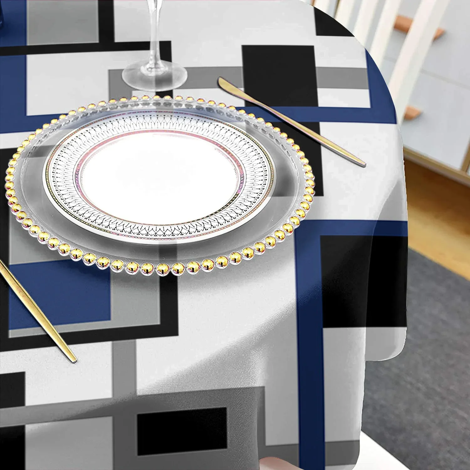 Nordic Retro Medieval Geometric Abstract Blue Round Tablecloth Waterproof Table Cover Home Kitchen Table Cloth Table Decoration image 4