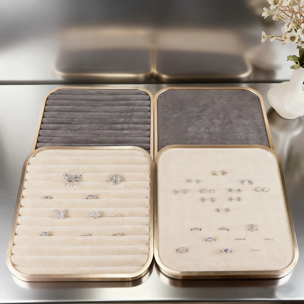1 Pcs Gold Trim Velvet Jewelry Display Tray for Rings Earrings Studs Organizer Showcase Storage Box Ring Storage Tray