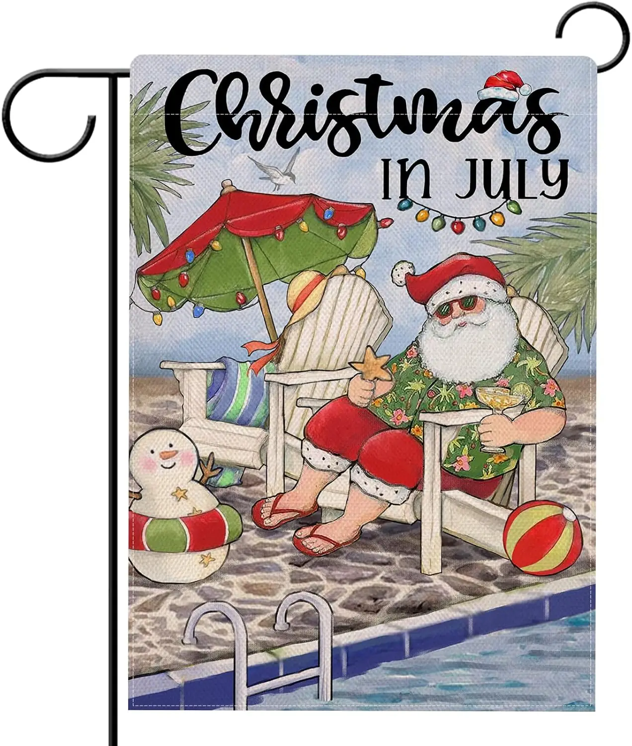 Christmas Santa Pool Garden Flag Double Sided, July Tropical Coastal Sea Ocean Decorative Yard Outdoor Home Small Decor, Summer