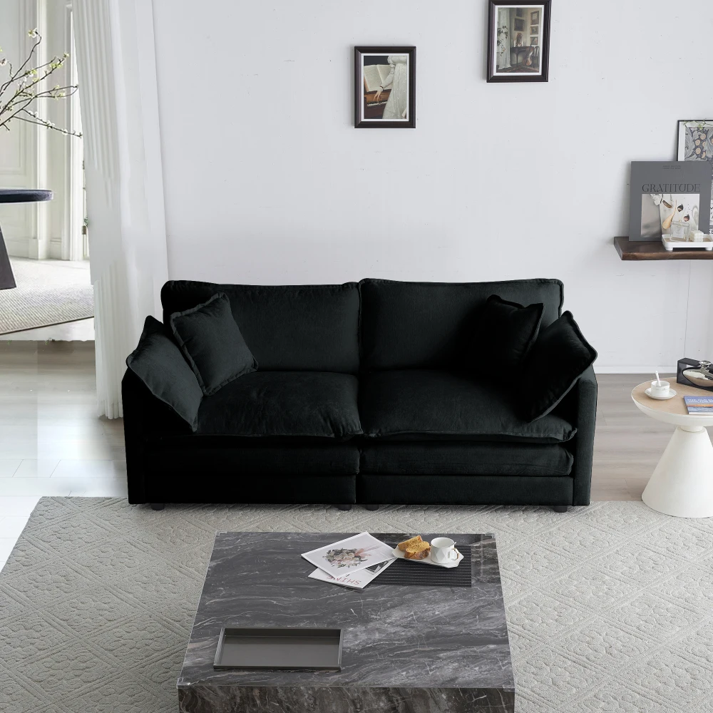 

Modern Fabric Loveseat Sofa Couch for Living Room, Upholstered Large Size Deep Seat 2-Seat Sofa with 4 Pillows ,Black Chenille