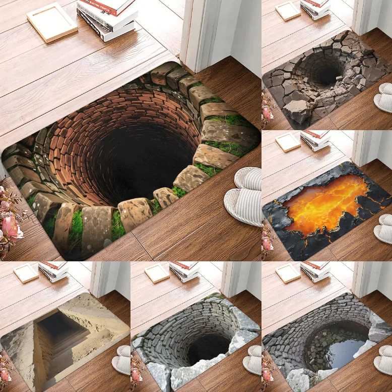 

3D Visual Carpet with Infinite Abyss Red Brick Stone Trap Pattern Front Door Anti Slip Floor Mat Living Room Entrance Carpet