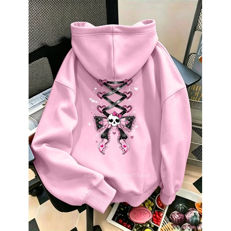 2026 Funny Y2k Grunge Hoodie Halloween Gifts Pink Skull Bow Tie Print Autumn Winter Fall Clothes