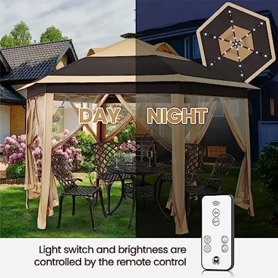 13×13 Pop-Up Patio Gazebo Tent with Mesh Netting Sides 25 r LED Lights Hexagonal Double Vented 3 Height Adjustable Khaki Brown