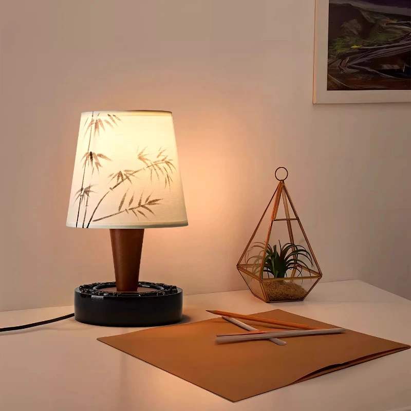 Nordic Log Desk Lamps Printing Fabric Lampshade Decoration Creative Bedroom Dormitory Bedside LED Sleep Atmosphere Table Lights