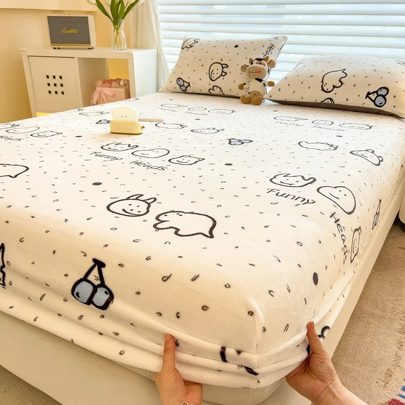 Winter Warm Fitted Sheet Stars Pinted Flannel Fleece Bed Sheet for Double Bed Queen/King Size All-inclusive Mattress Cover