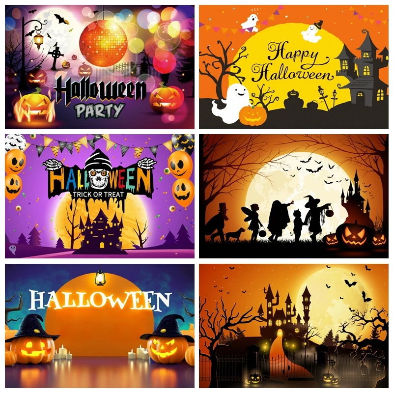 

Happy Halloween Photography Backdrop Horror Moon Pumpkin Witch Bat Castle Baby Halloween Party Decor Photo Background Props