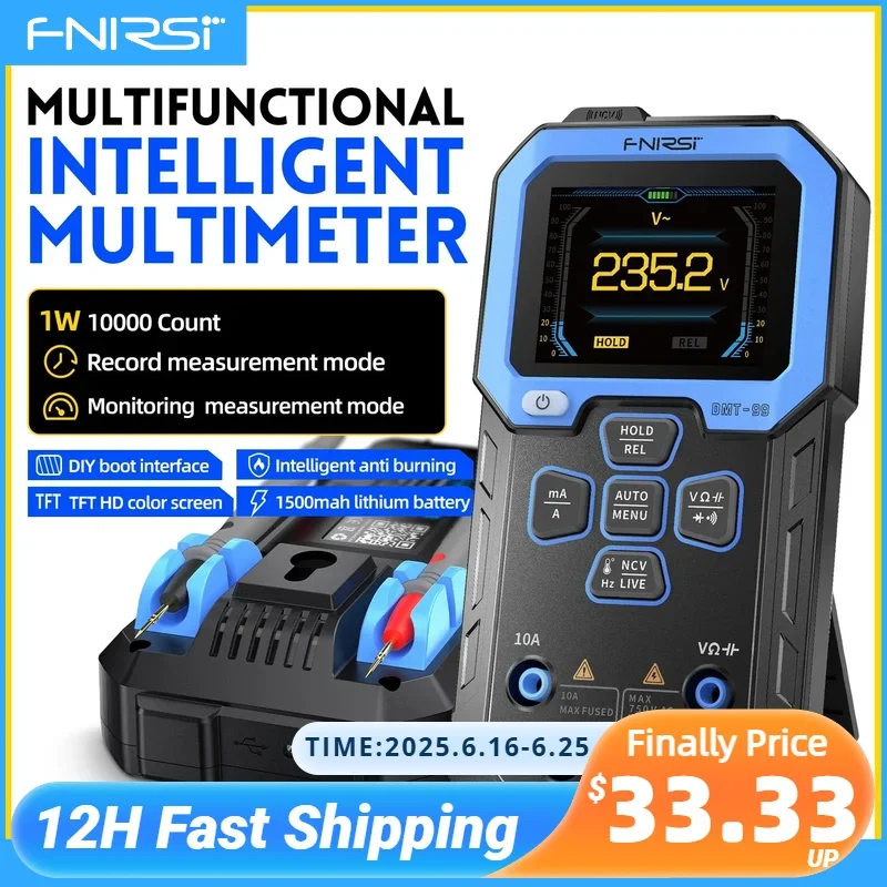

FNIRSI DMT-99 Digital Multimeter 9999 Counts Smart Professional Tester 1000V 10A True RMS Auto Range AC DC Ohm Hz Capacitance