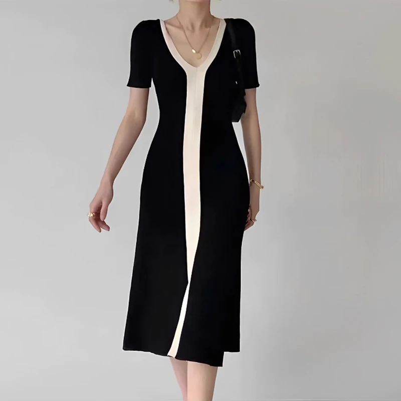 

Retro Simple V-Neck Stitching Contrast Color Waist Short-Sleeved Slit Knitted Midi A Line Dress Women's Summer New Style